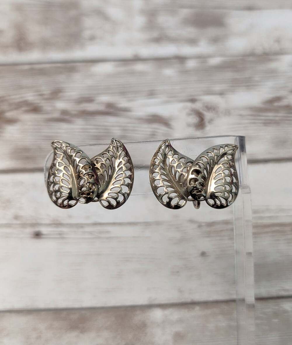 Vintage Screw Back Earrings Two Leaves - Fair Condition